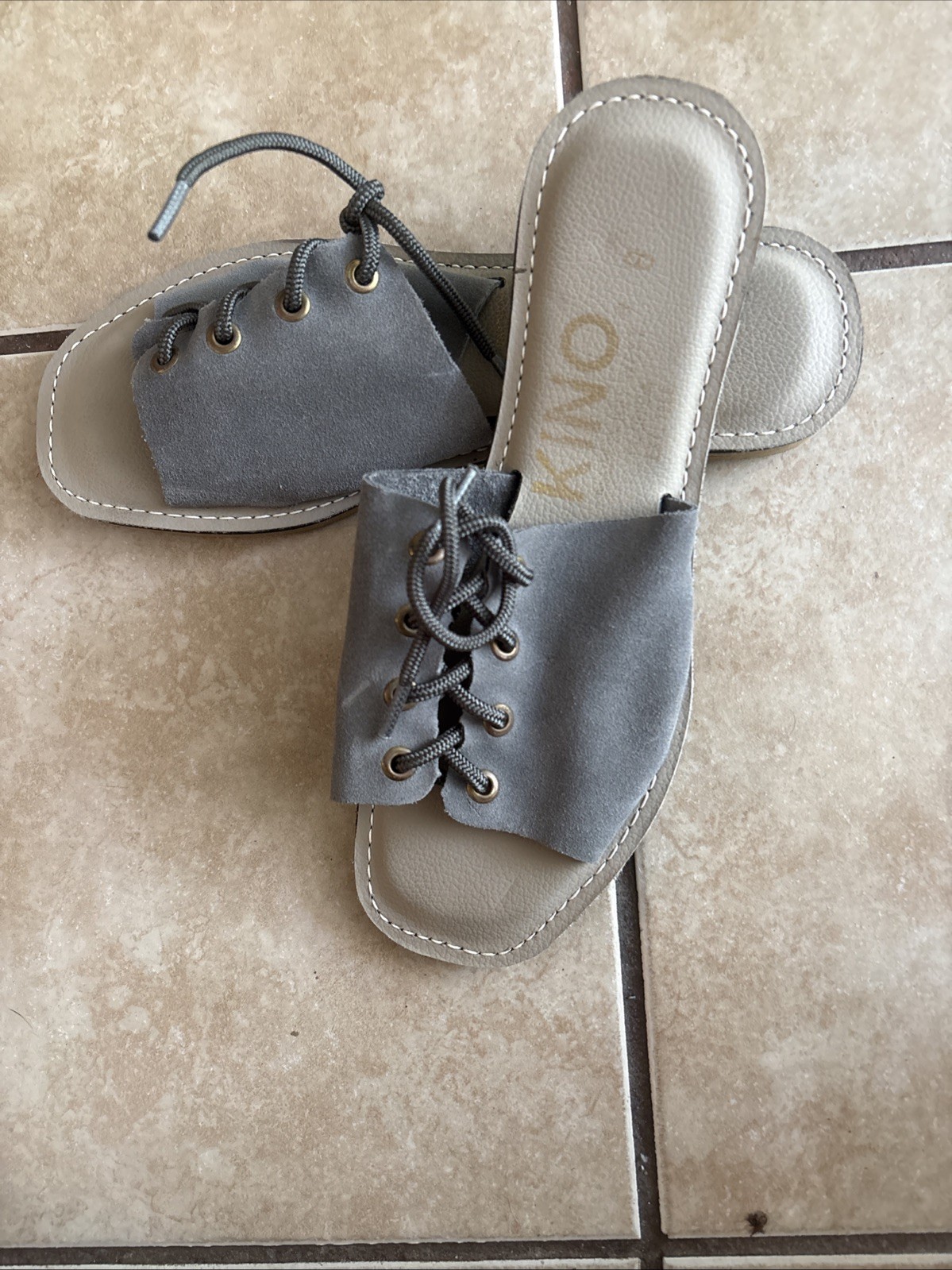 Kino Chancletta Handmade In Key West Womens Suede LaceUp Slide Sandals Grey Sz 8