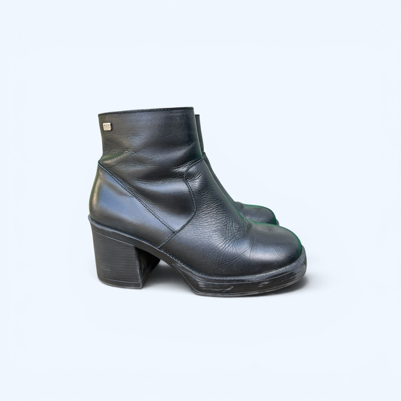 Vintage Y2K Chunky Block Heel Platform Ankle Boots Black Leather M&C Womens 40