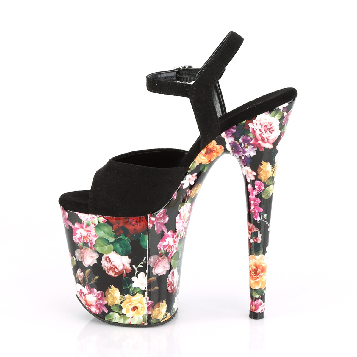 PLEASER FLAMINGO-809WR Black Suede Flowers 8″ Heel Platform Ankle Strap Sandal