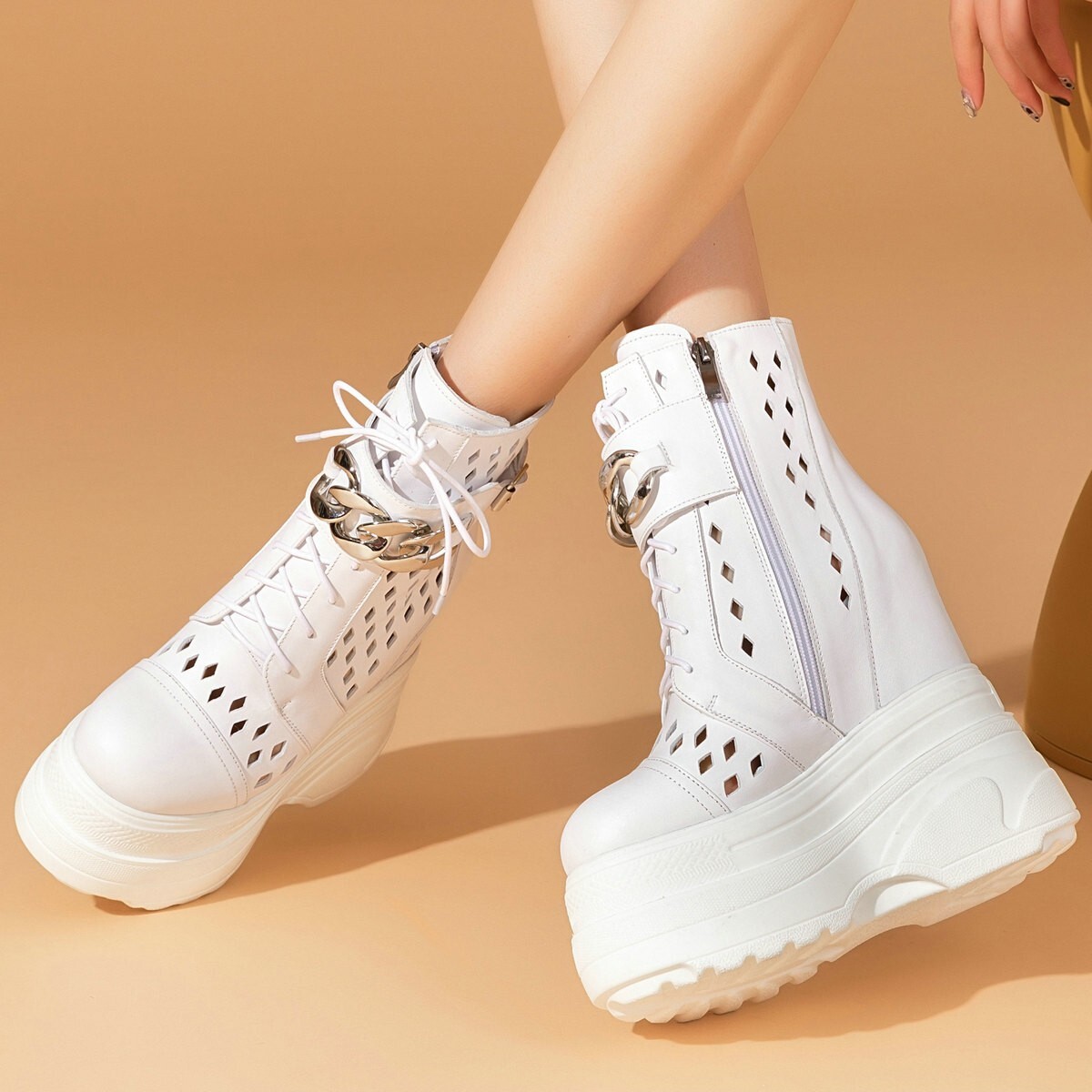 16cm High Heels Women Leather Platform Wedge Ankle Boots Plus Size Sandal Pumps