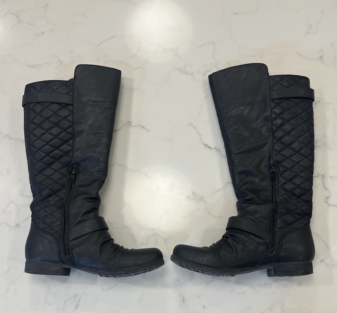 Aldo Women’s Black Knee-High Quilted Riding Boots Size 8.5 Buckle Side Zip