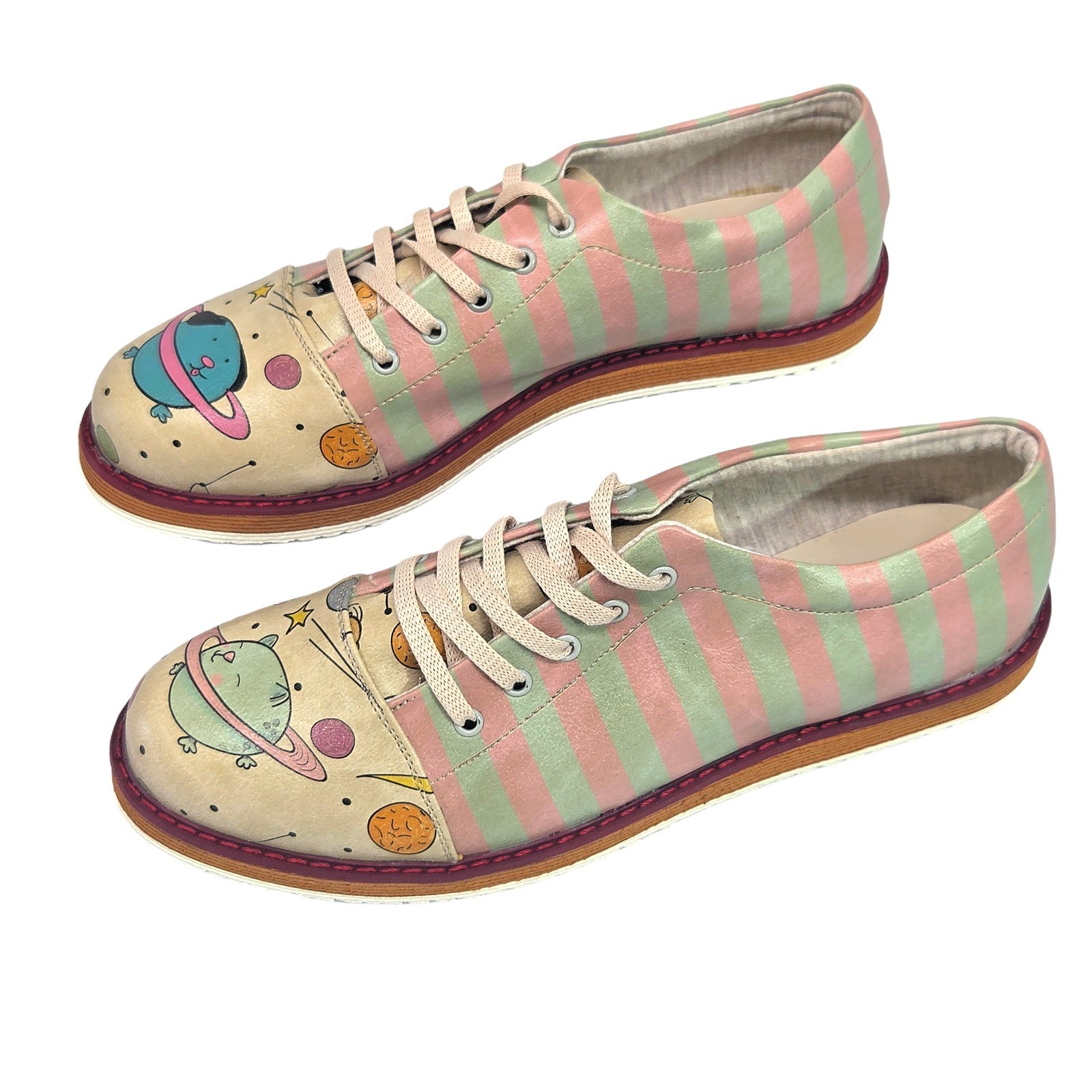 Space Cat Dog Dogo Shoes Women Oxford 41 Pink Green Striped Galaxy NWT