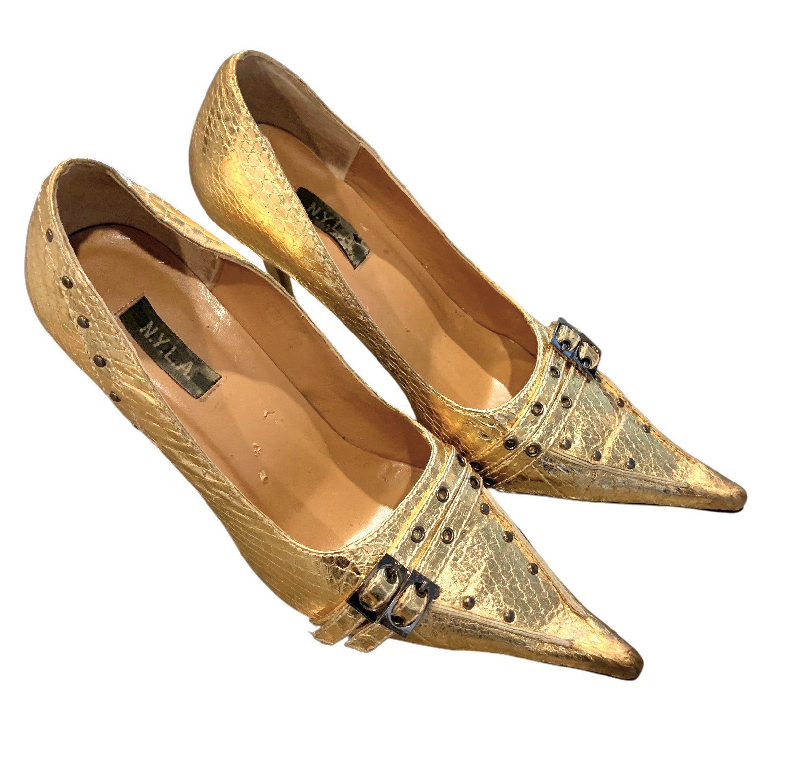 {N.Y.L.A} Heels/Shoes/Pumps/Pointed Toe Gold Pattern Buckles Studs 3.75 in ~7-M