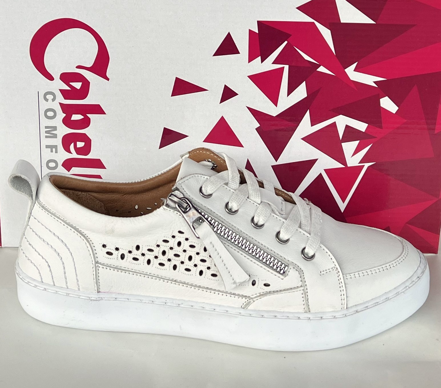 Cabello Shoes Bella Leather Comfort Lace Up Zip Sneakers Cabello Bella White