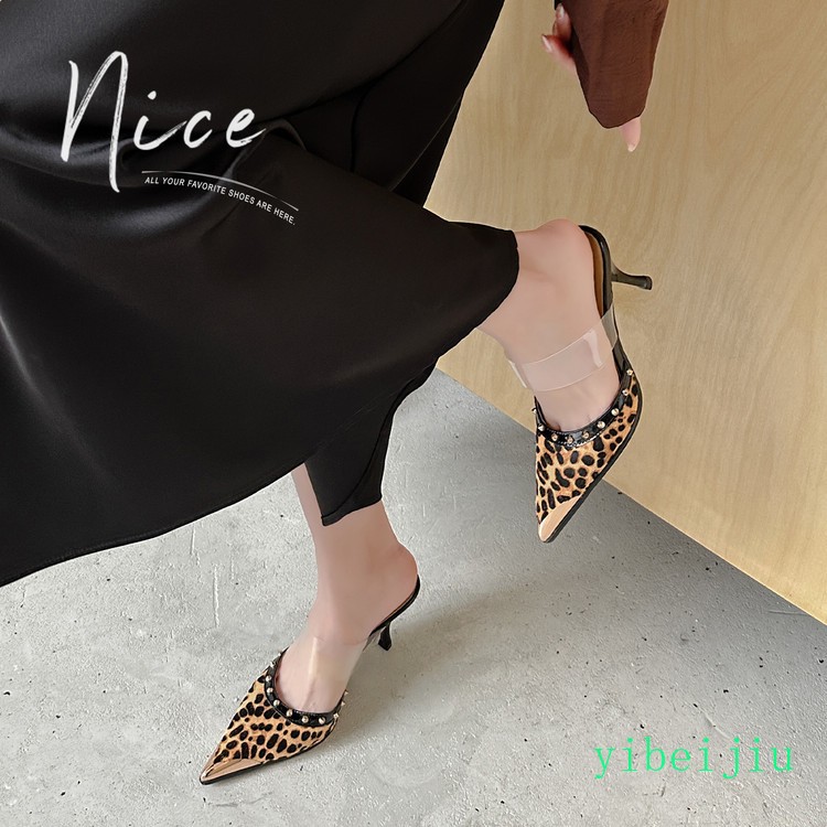 Women‘s Mid Heel Leather Horse Hair Mules Striped Leopard Rivets Dressy Slippers