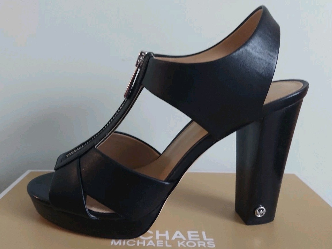 Michael KORS LIESEL Black SILVER Logo Zipper T Strap Platform Sandals LOVE SHOES