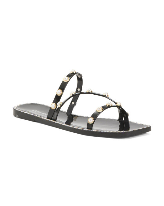 STEVE MADDEN Pearl Embellishment Studded Flat Slide Sandals-Black~or~Blush