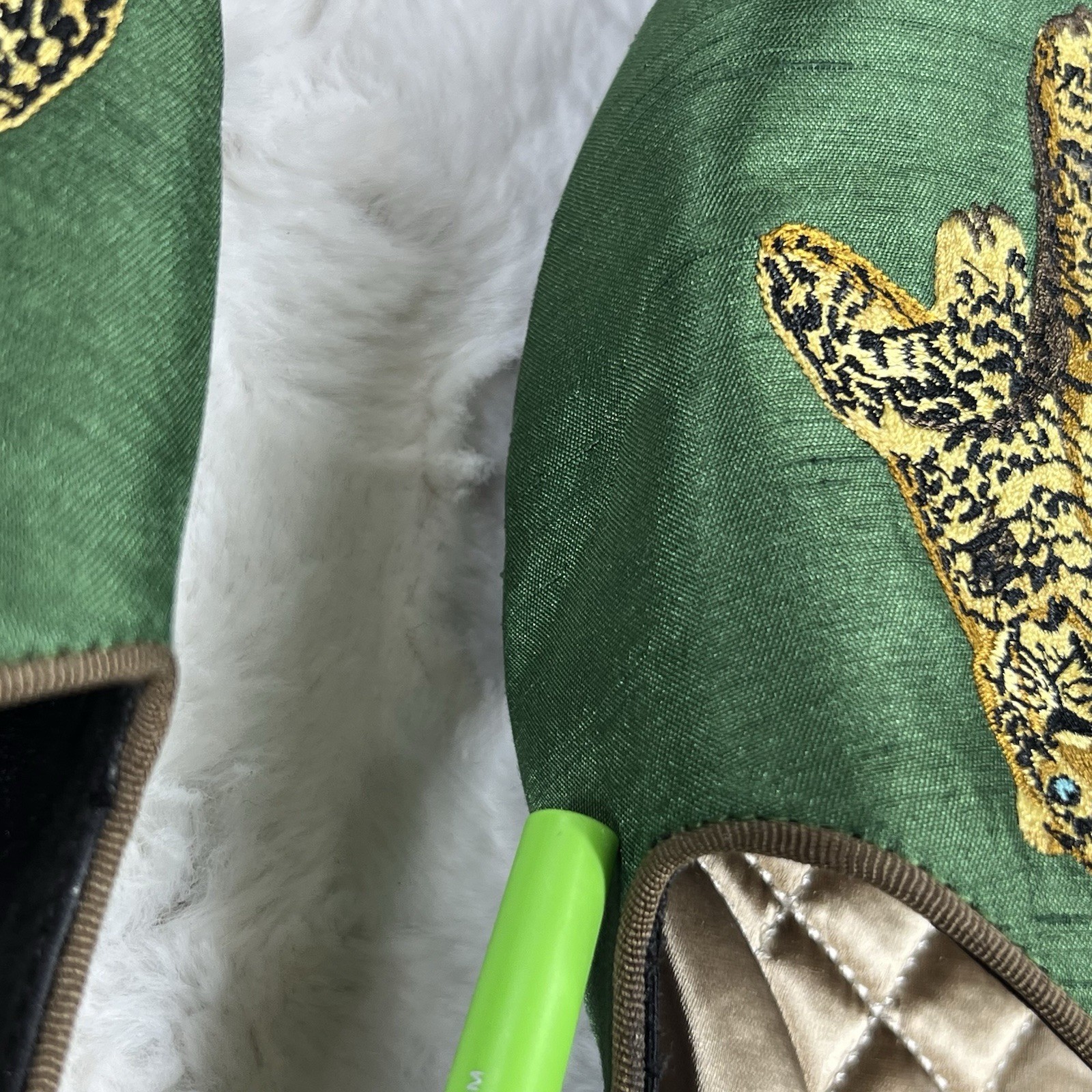 Birdies x Ken Fulk Leopard Satin Slipper Shoes Flats Women 9.5 Emerald Green Art