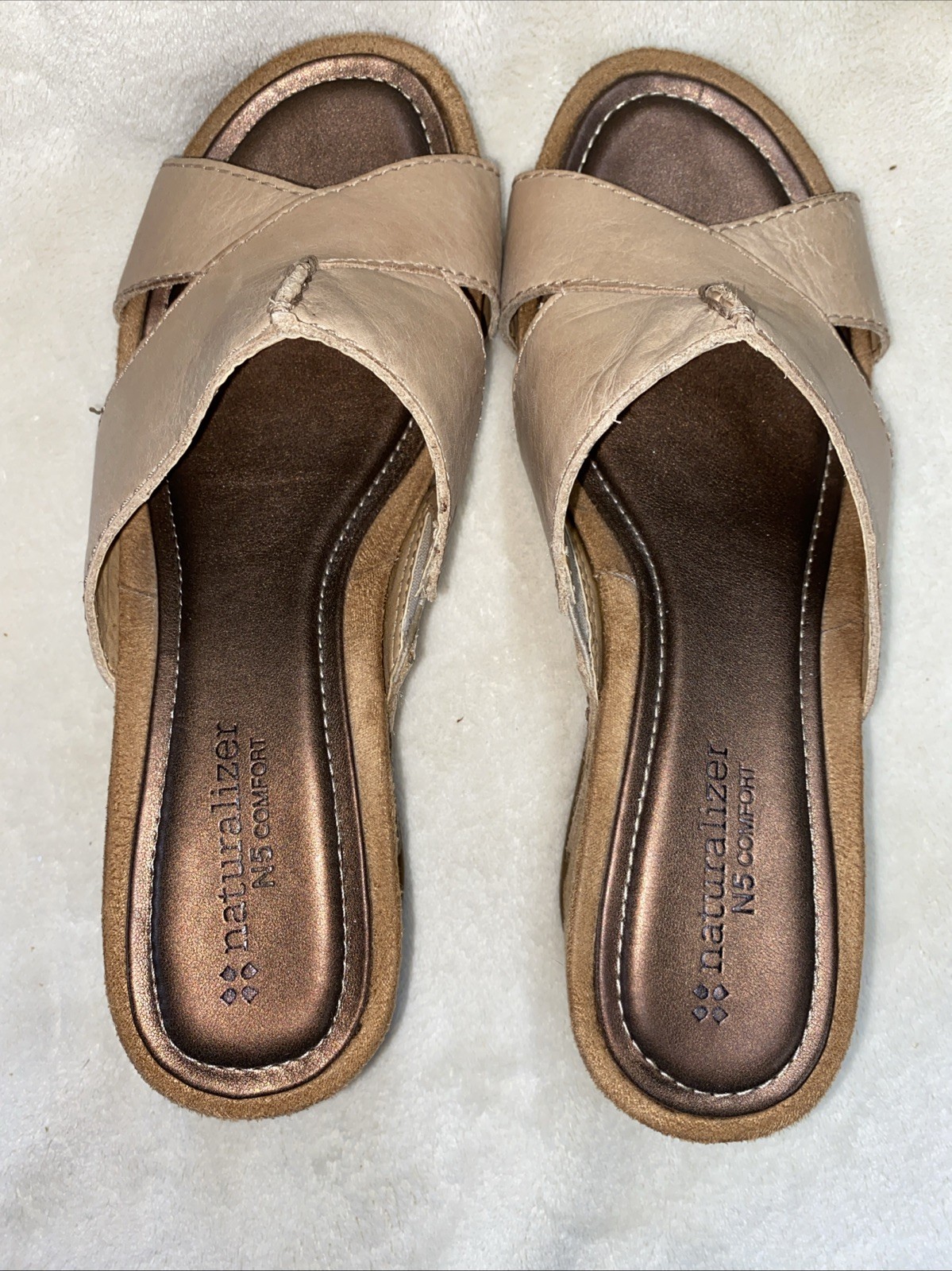 Naturalizer Tan Leather Sandal N5Comfort Slide Wedge Pengo Lined Sz 6.5M #yeb