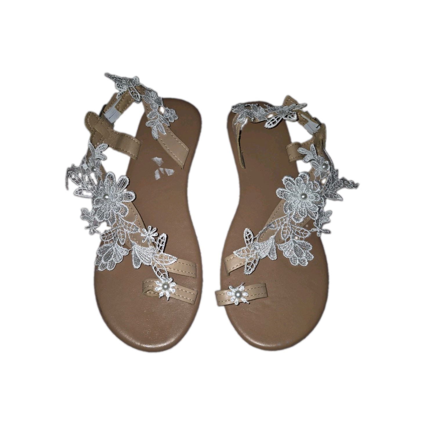 Women’s Boho Floral Lace Pearl Flat Sandals Nude Bridal Wedding Shoes Size 10