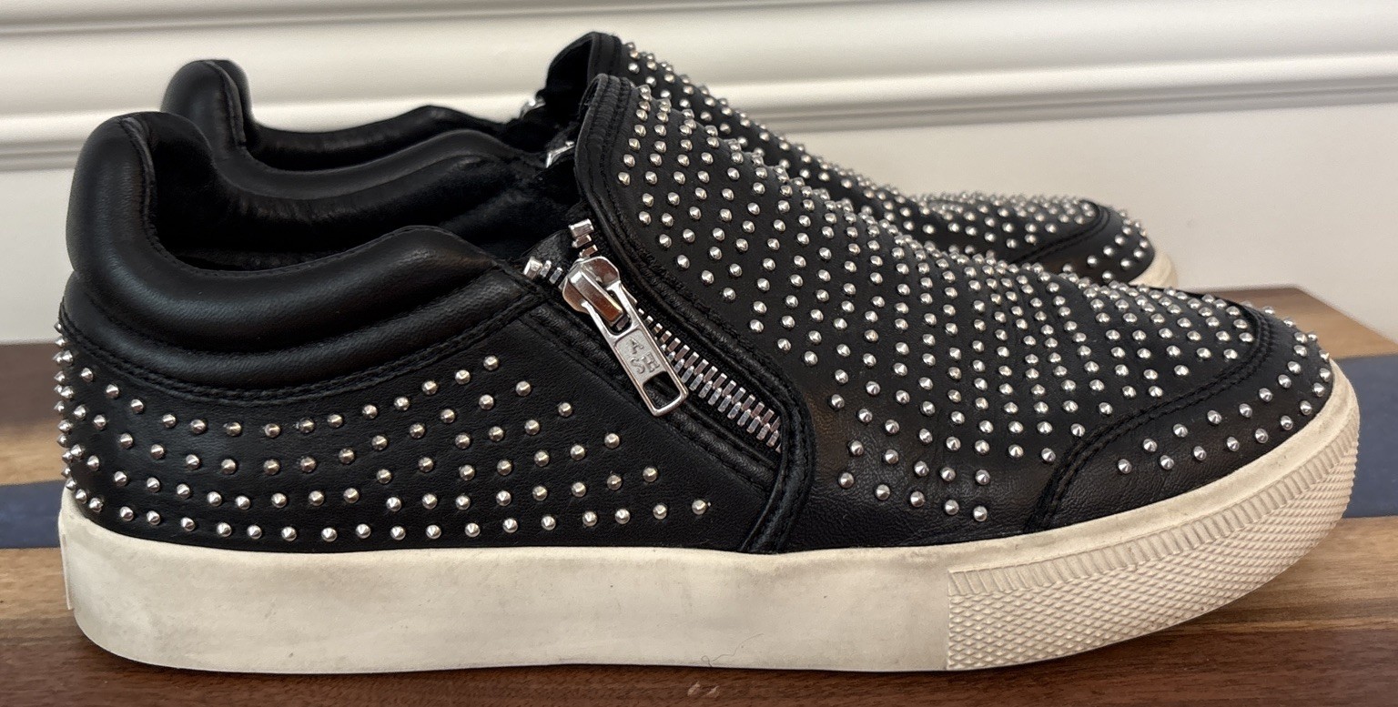 Ash IMAN Studded Sneaker Double Zip Black Leather/White/Silver Size 40 US 9.5-10