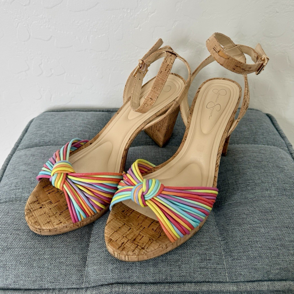 Jessica Simpson Women’s Strappy Cork Block Heel Ankle Strap Bow Sandals 8