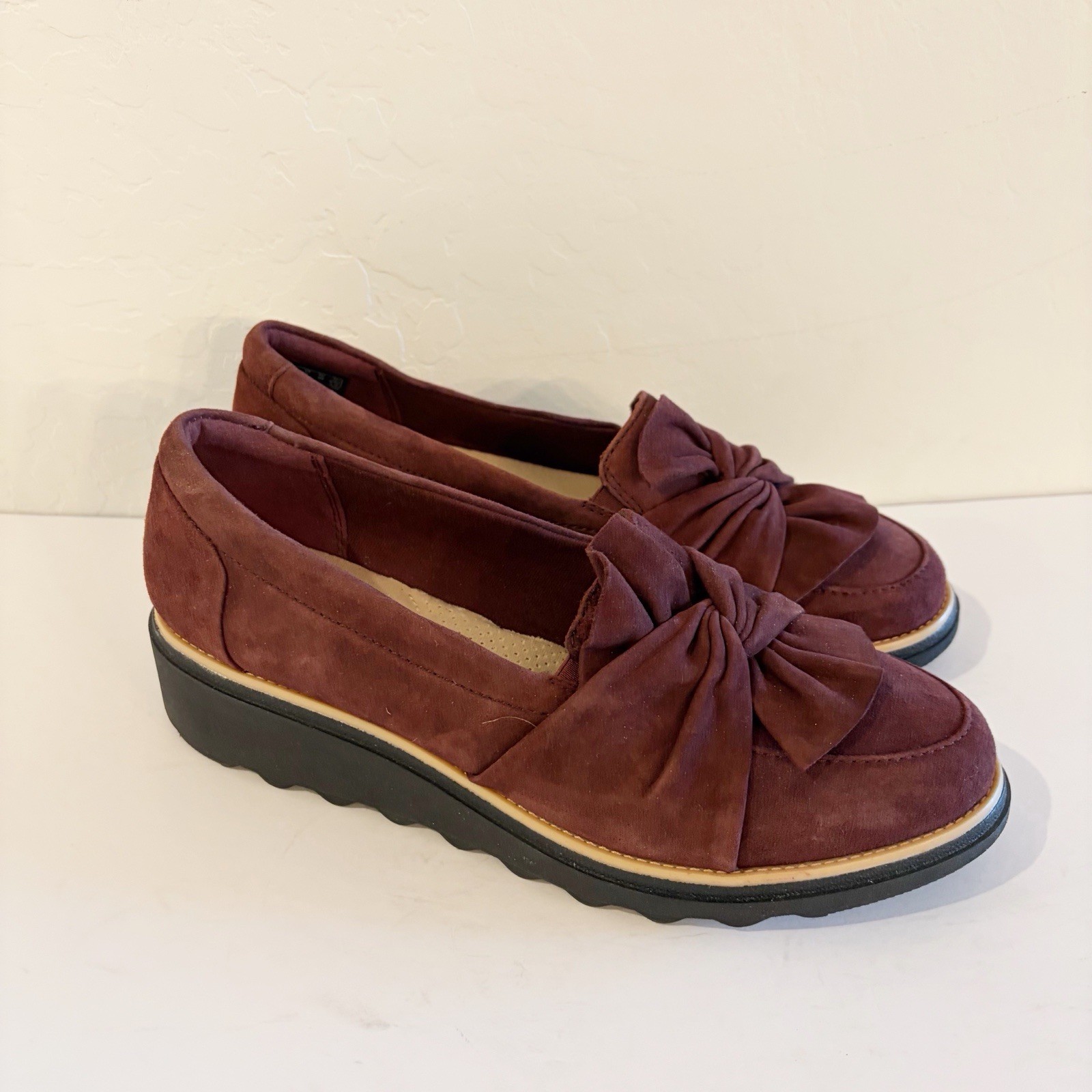 Clarks Burgundy Red Suede Sharon Dasher Knot Detail Slip-on Loafers Flats 8M NEW