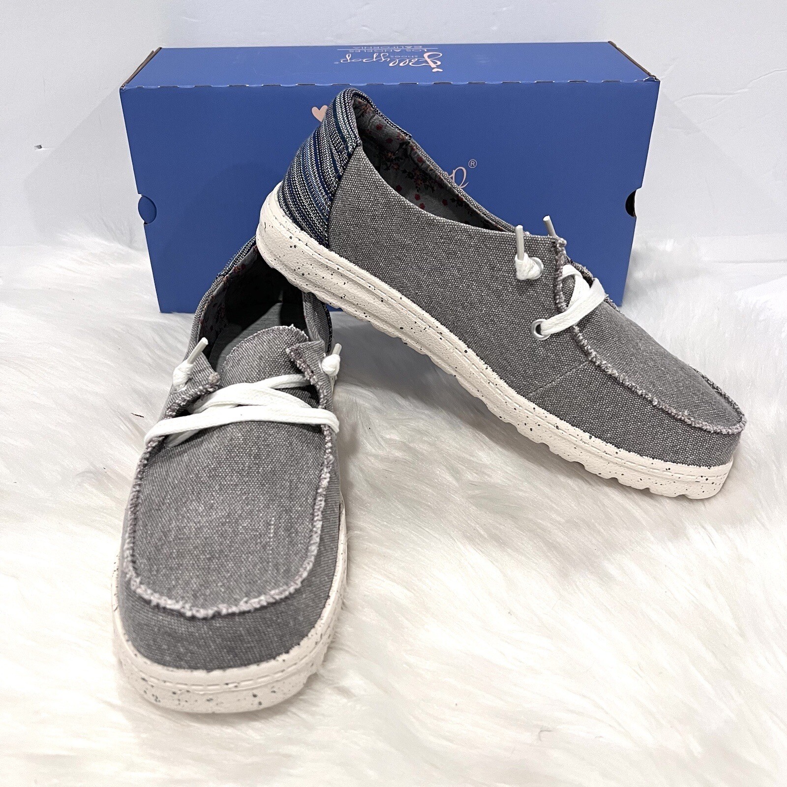 Jellypop Women’s Comfort Carter Gray/Blue Canvas Slip On Loafer Shoes Sz 6.5