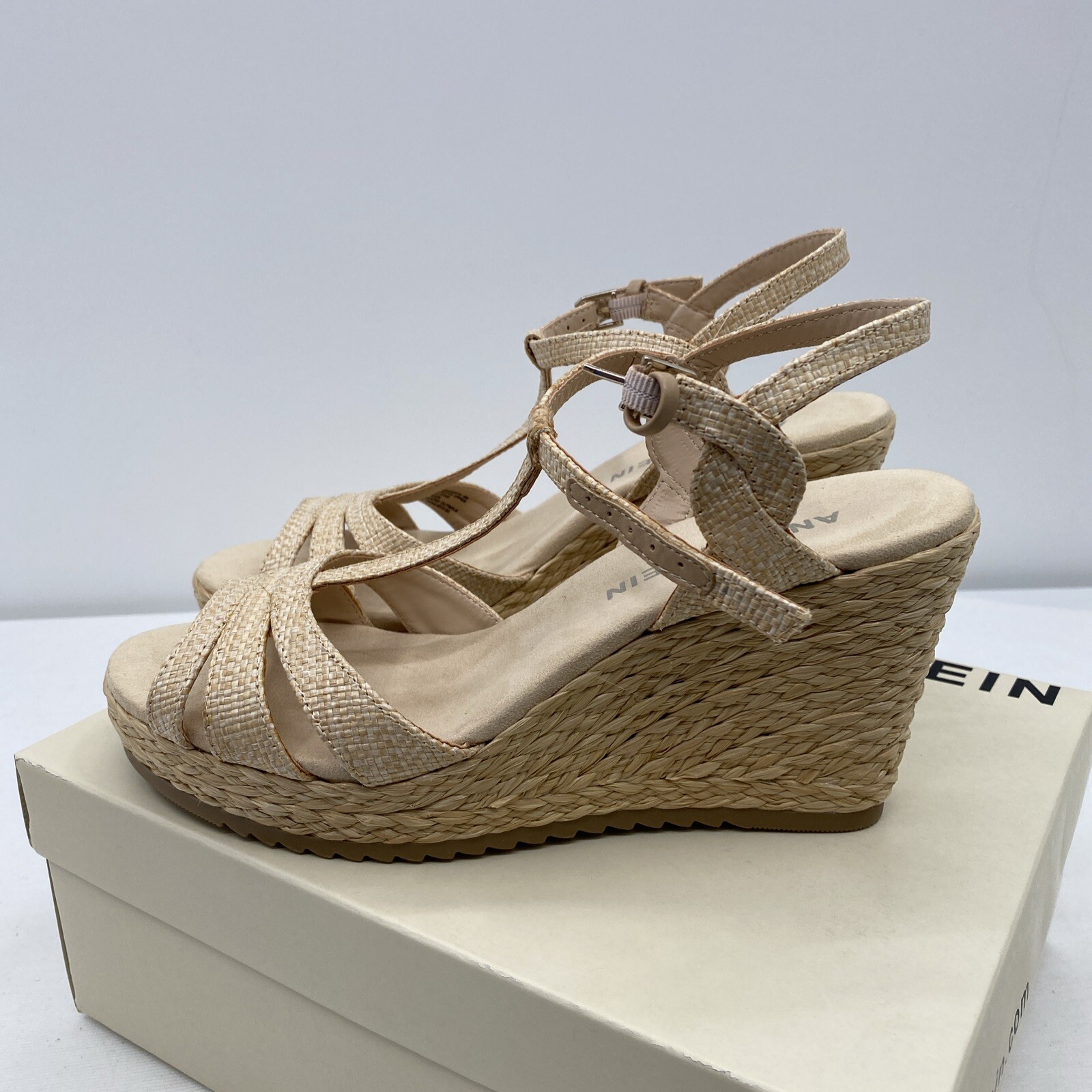 Anne Klein Womens Waves Beige Raffia Wedge Sandals 8 Medium (B,M)