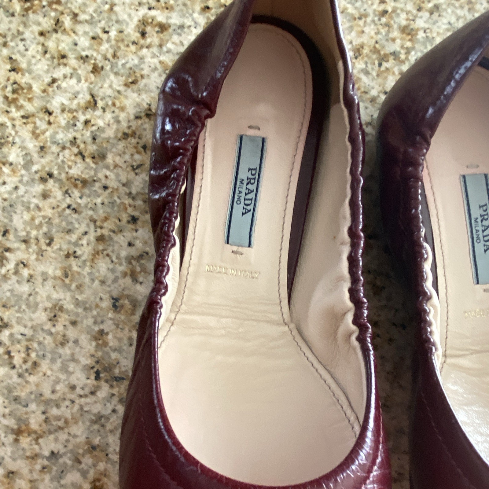 PRADA Women’s Burgundy Black Leather Cap Toe Ballet Flats Logo Slip-On US 8
