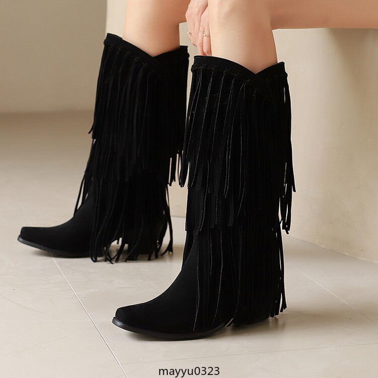 Womens Tassel Fringe Mid Calf Boots Mid Block Heel Western Cowgirl Shoes Hot