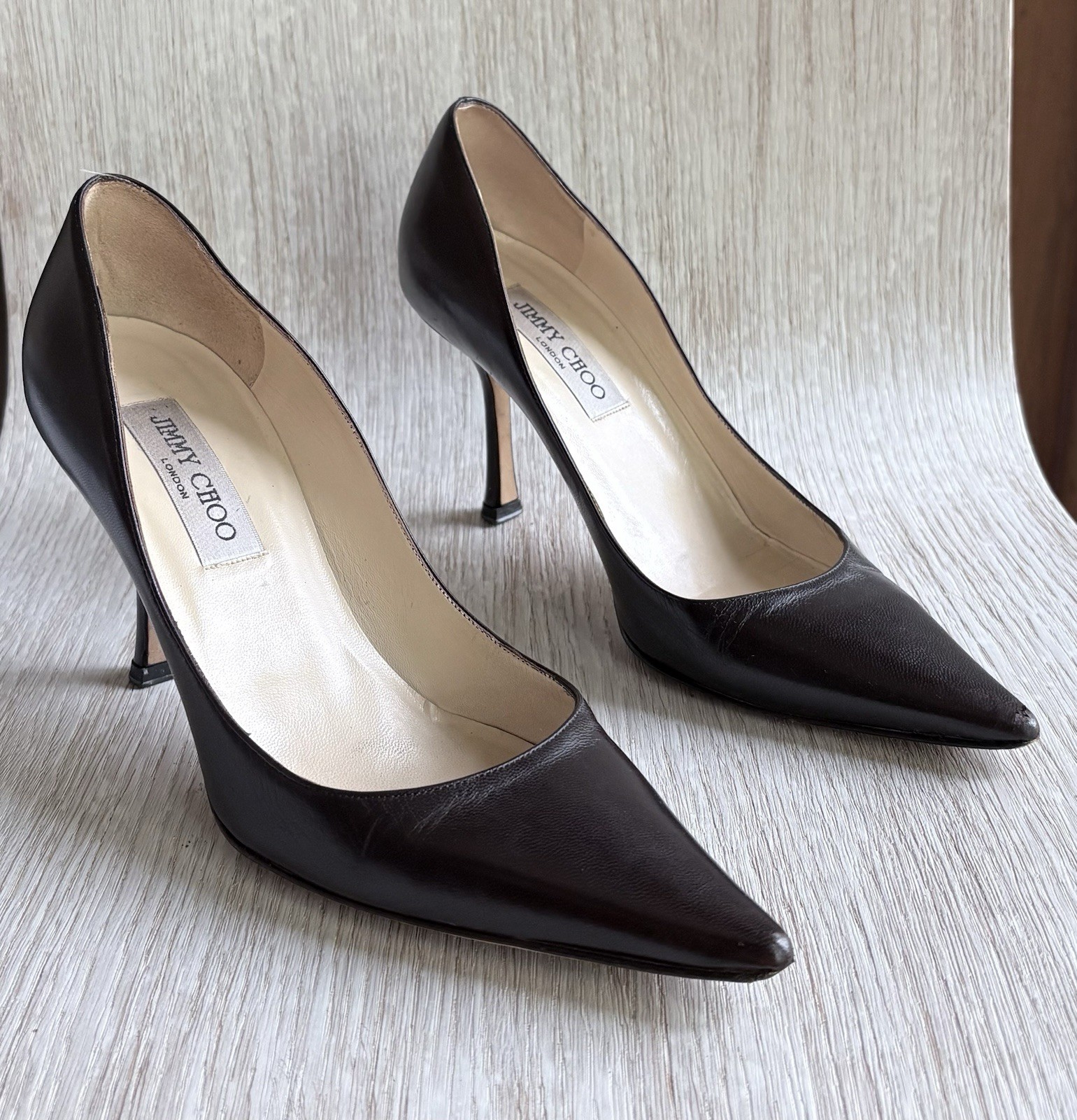 Jimmy Choo Espresso Brown Leather Pointed Toe Pumps EU 38.5 Heels Italy