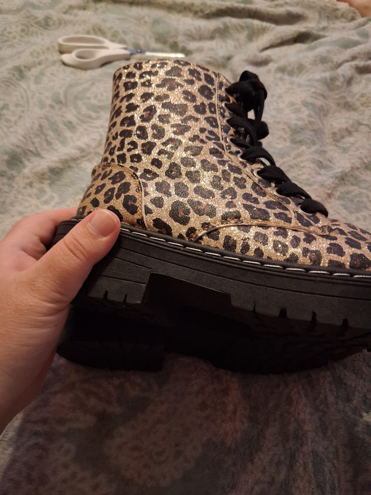 True Craft Women’s Leopard Animal Print Leather Ankle Bootie Lace-Up Zip 8.5