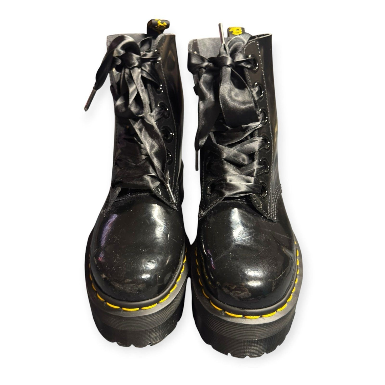 Doc Martens Molly Platform Boots Womens Size 8 Black Patent Leather Chunky Lace