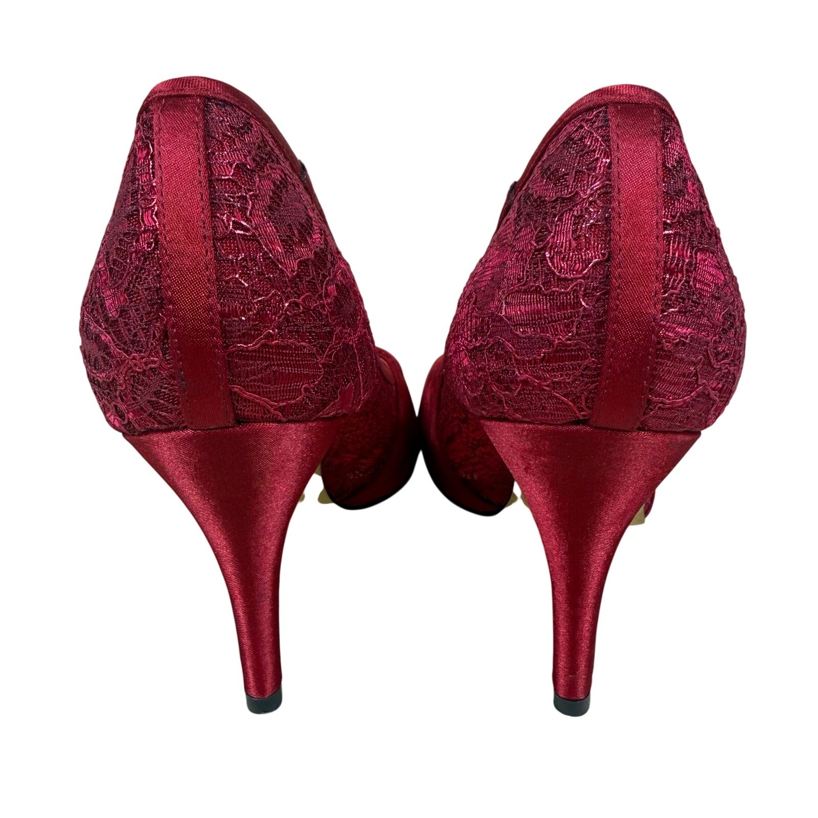 Adrianna Papell Heels Women’s 8 Red Satin Lace Peep Toe Leather Sock Stiletto