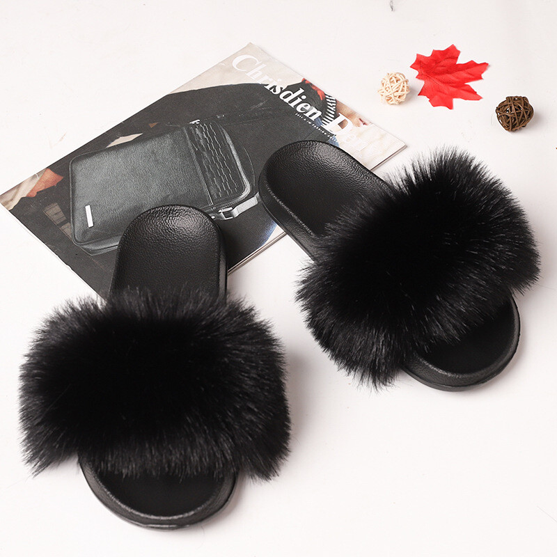 Fuzzy Fluffy Faux Fur Slides Slippers Flat Soft Sandals Open Toe Slip On Shoes