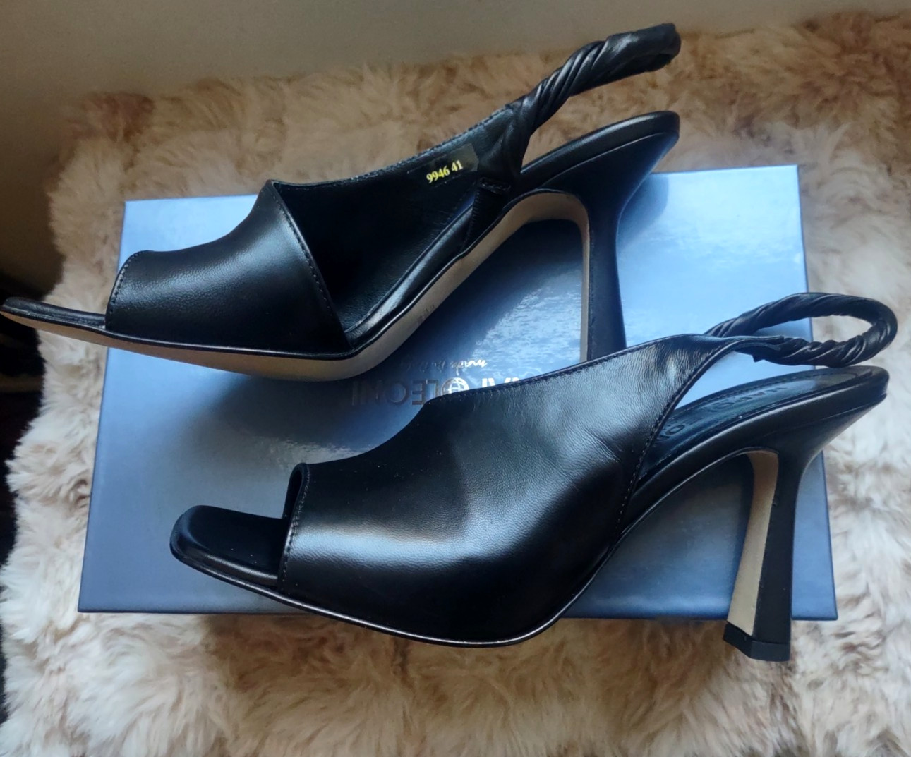 Napoleoni Leather Black Sling Back Heel Sandal sz.9.5 41 NEW Made in Italy NEW