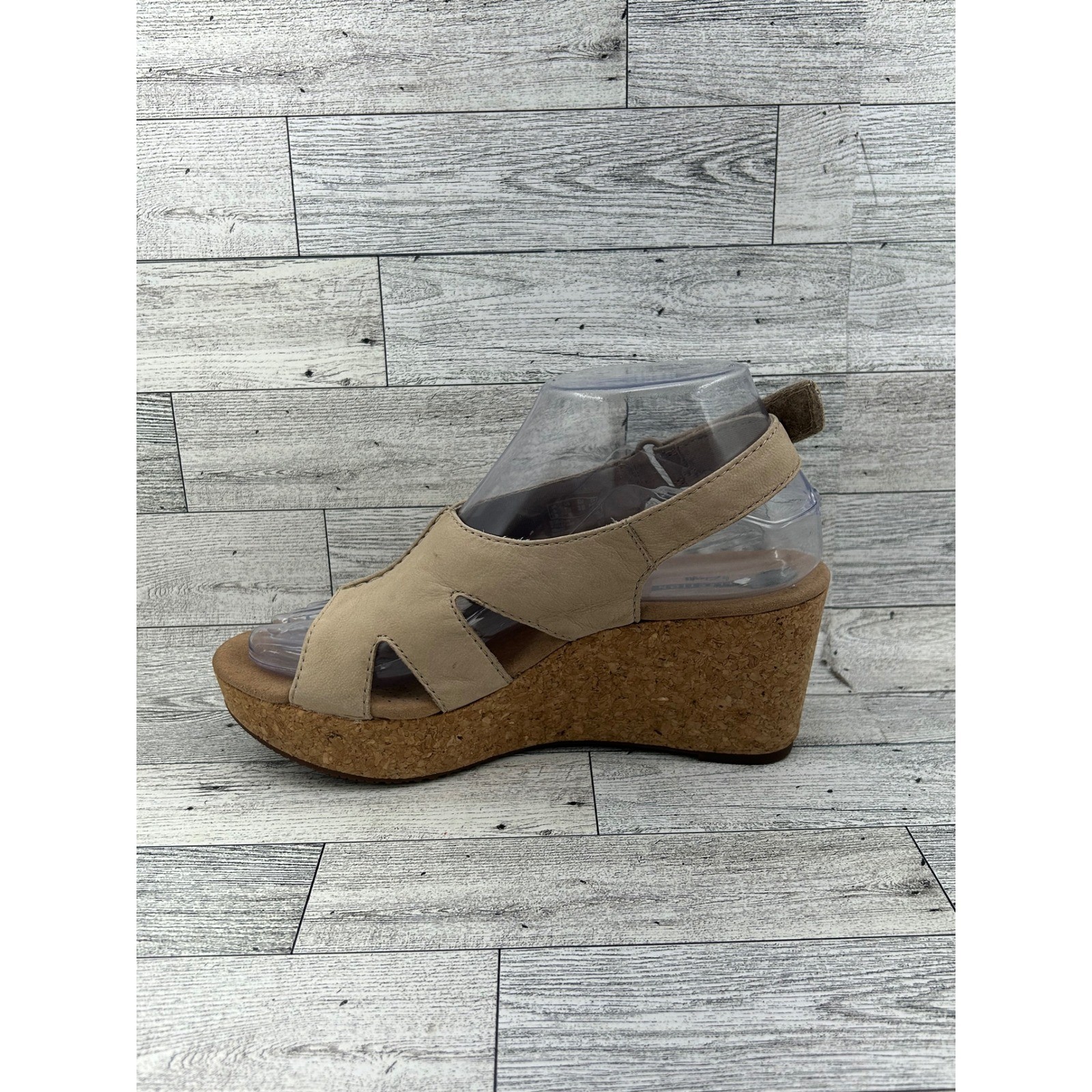 Clarks Collection Women Tan Leather Cork Wedge Sandals Slingback Sz 7.5M
