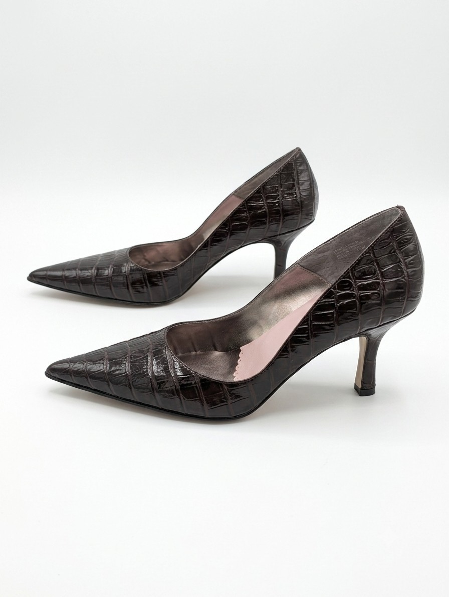 Y2K BP. Melrose Brown Croc Embossed Leather Pointed Toe Kitten Heels