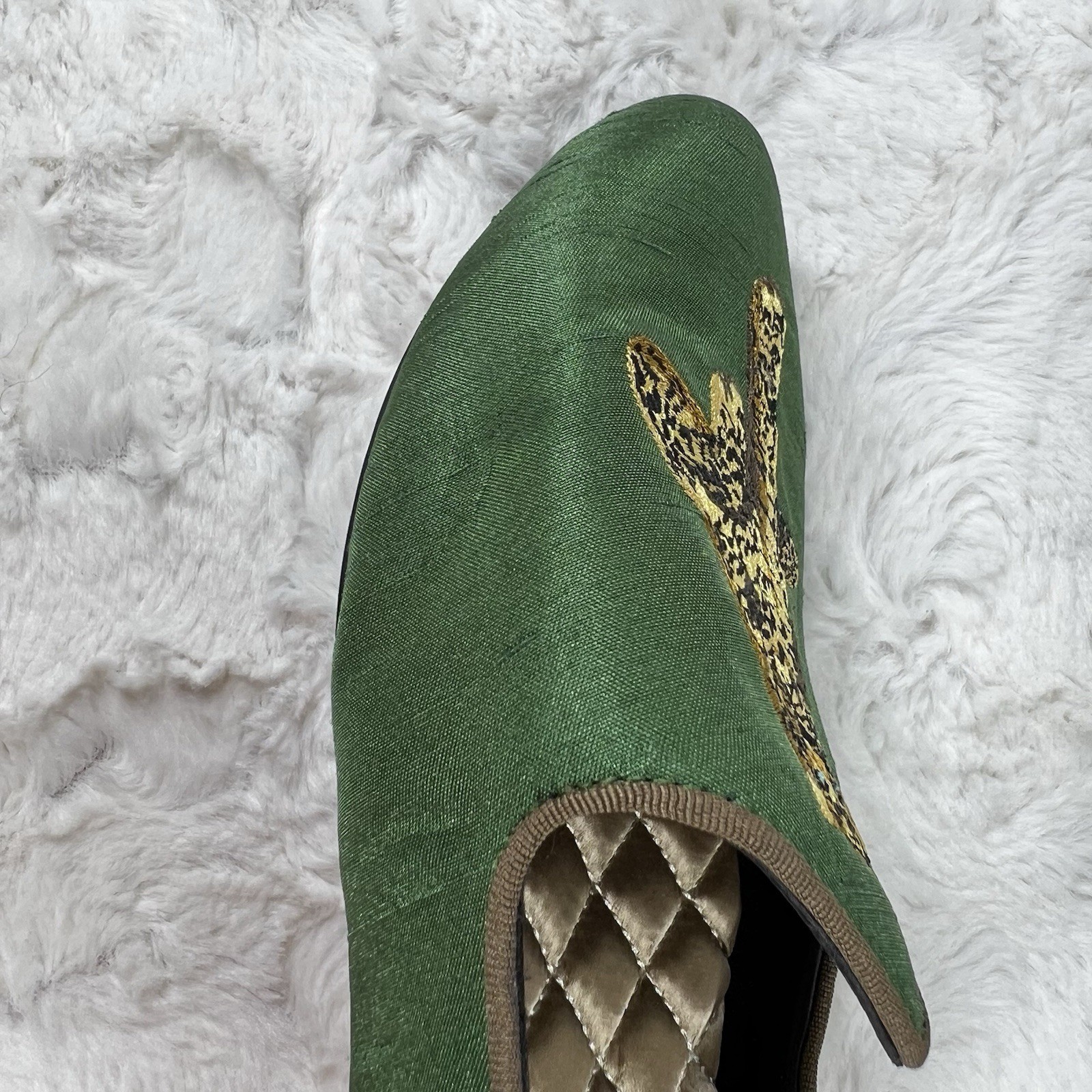 Birdies x Ken Fulk Leopard Satin Slipper Shoes Flats Women 9.5 Emerald Green Art