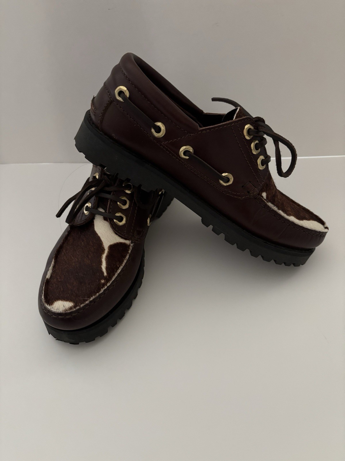 Anthropologie Maeve Lug Sole Boat Shoes Chocolate Brown Leather Cow Hair SZ 7.5