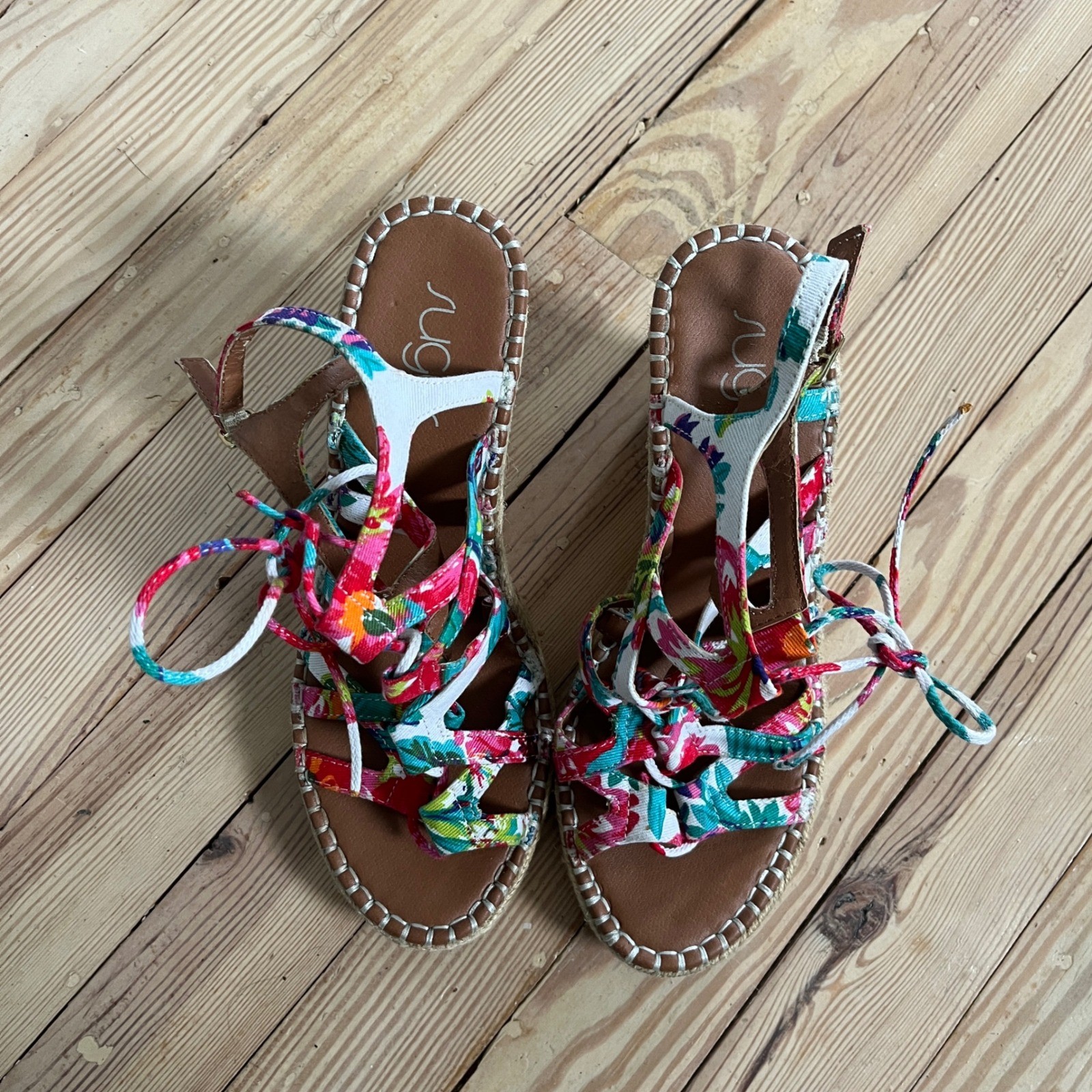 Sugar Womens Floral Espadrille Wedge Sandals Multi Color Strappy LaceUp Size 7.5