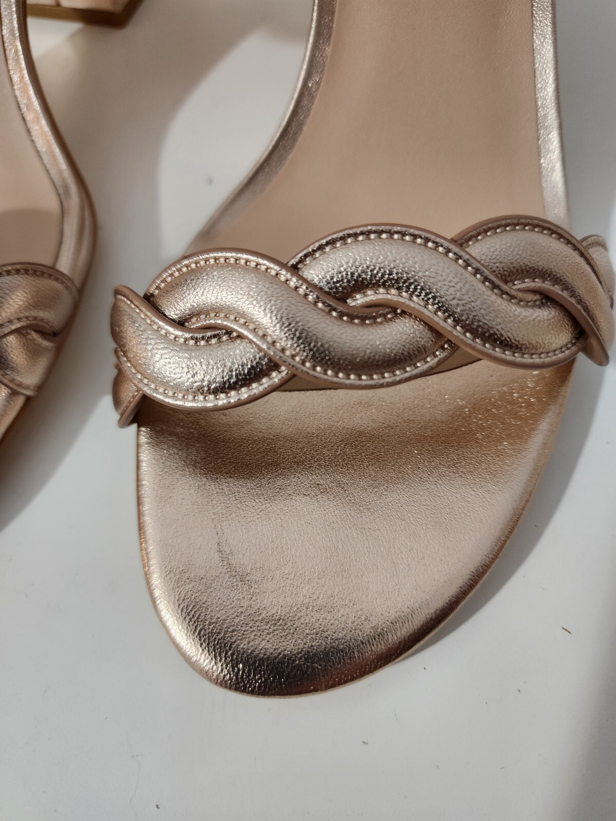 Stuart Weitzman Twistie Rose Gold Leather Slip On Block High Heel Sandals 10.5