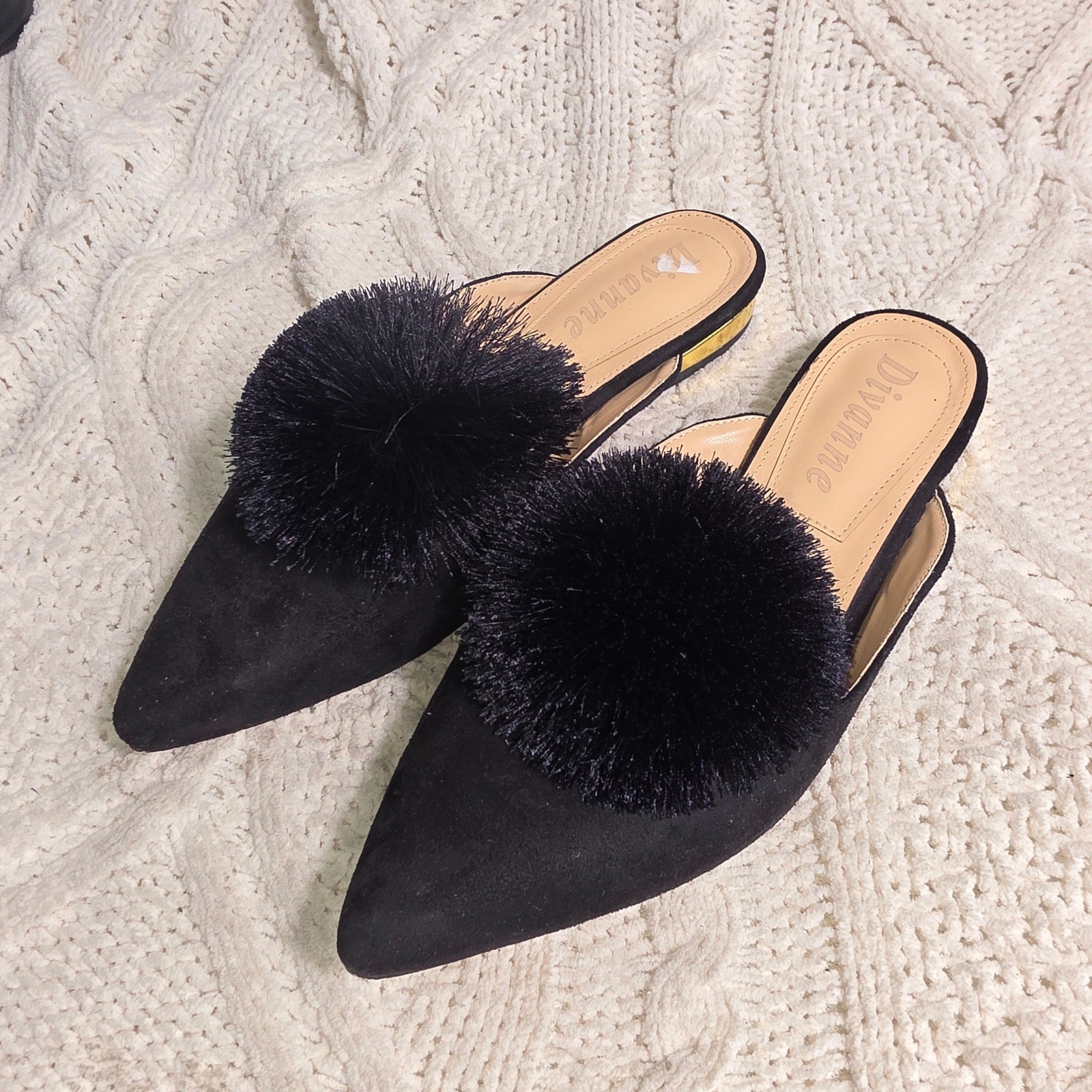 Divanne Pom Pom Puff Mules Flats Black Pointed Toe Gold Block Heel Women 8