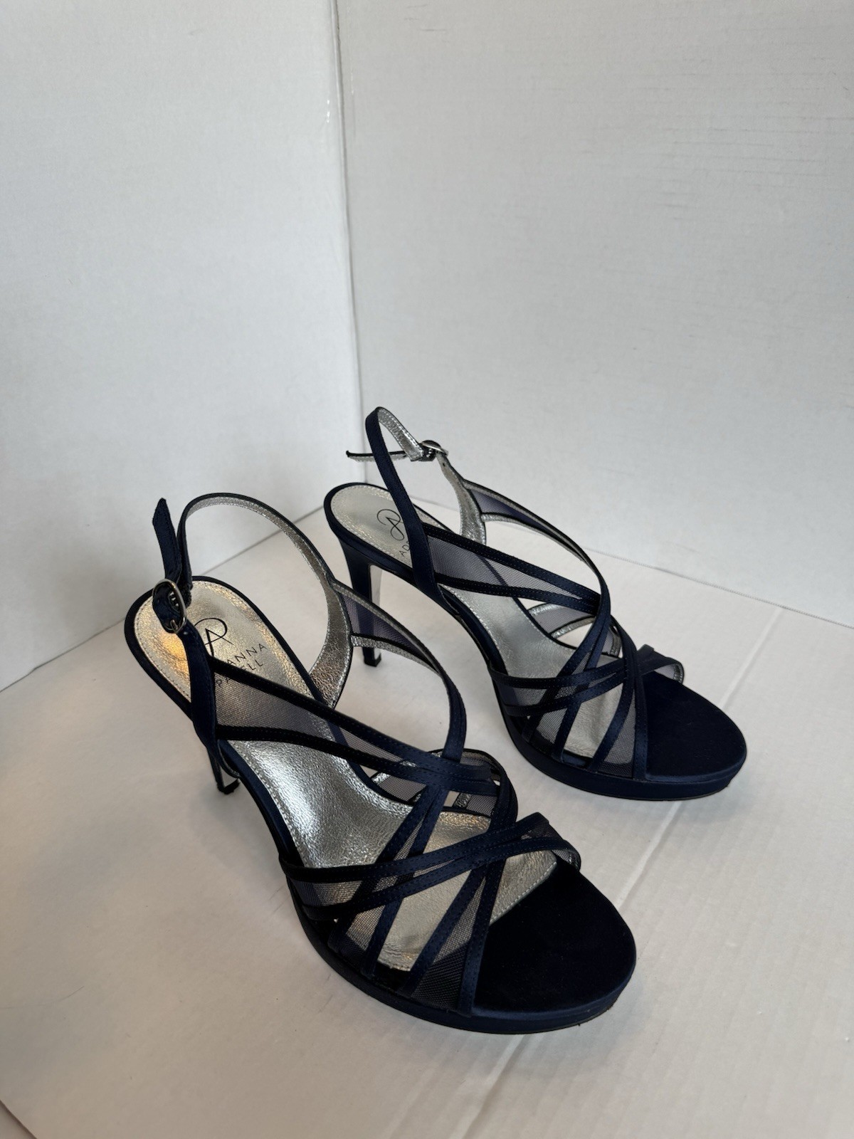 Adrianna Papell Navy Satin Strappy Heels Buckle Open Toe Adjustable Strap 9.5