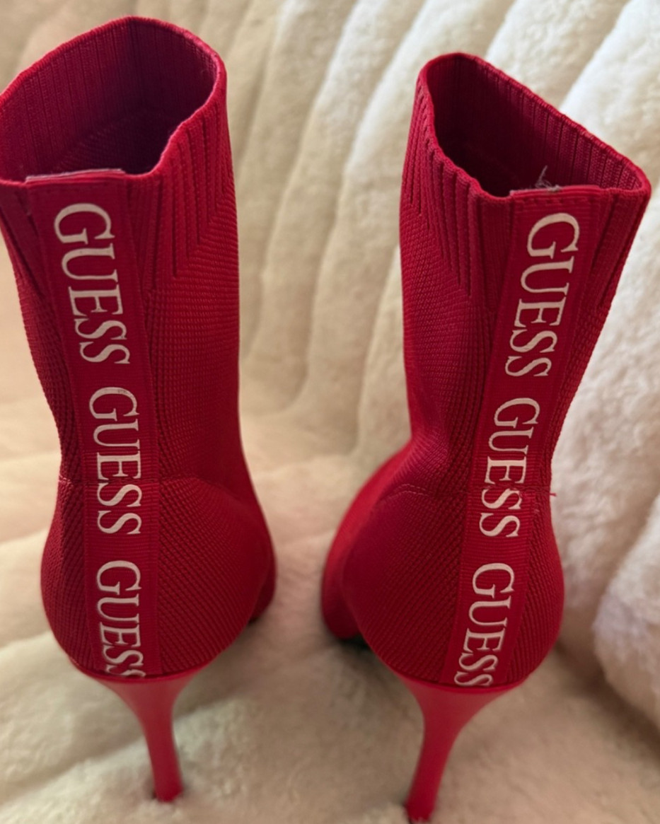 GUESS SIZE 9 Red Textile Upper Stretch Stiletto Logo Back Mid Calf Bootie NWOB