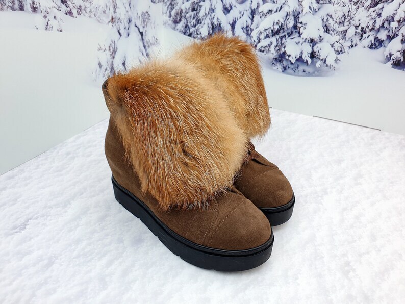 Real fox brown suede demi ankle platform boots for women