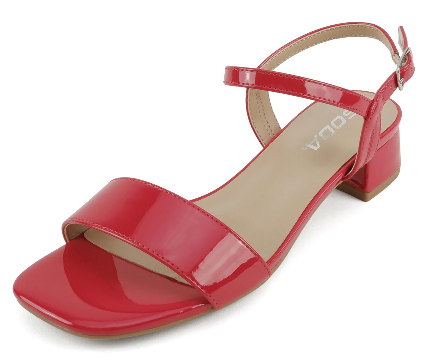 Soda Women Ankle Strap Sandals Low Block Heel Single Band EPISODE Lip Red Patent