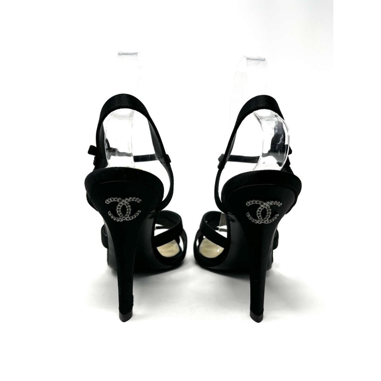 Chanel Strappy Black Satin Silver Crystal CC Logo High Heels Sandals Shoes 37 7