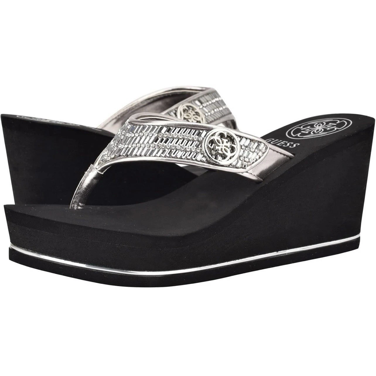 GUESS Women’s Gwsarraly ~ 3″ EVA wedge heel ~ Black/Silver ~ Size 9