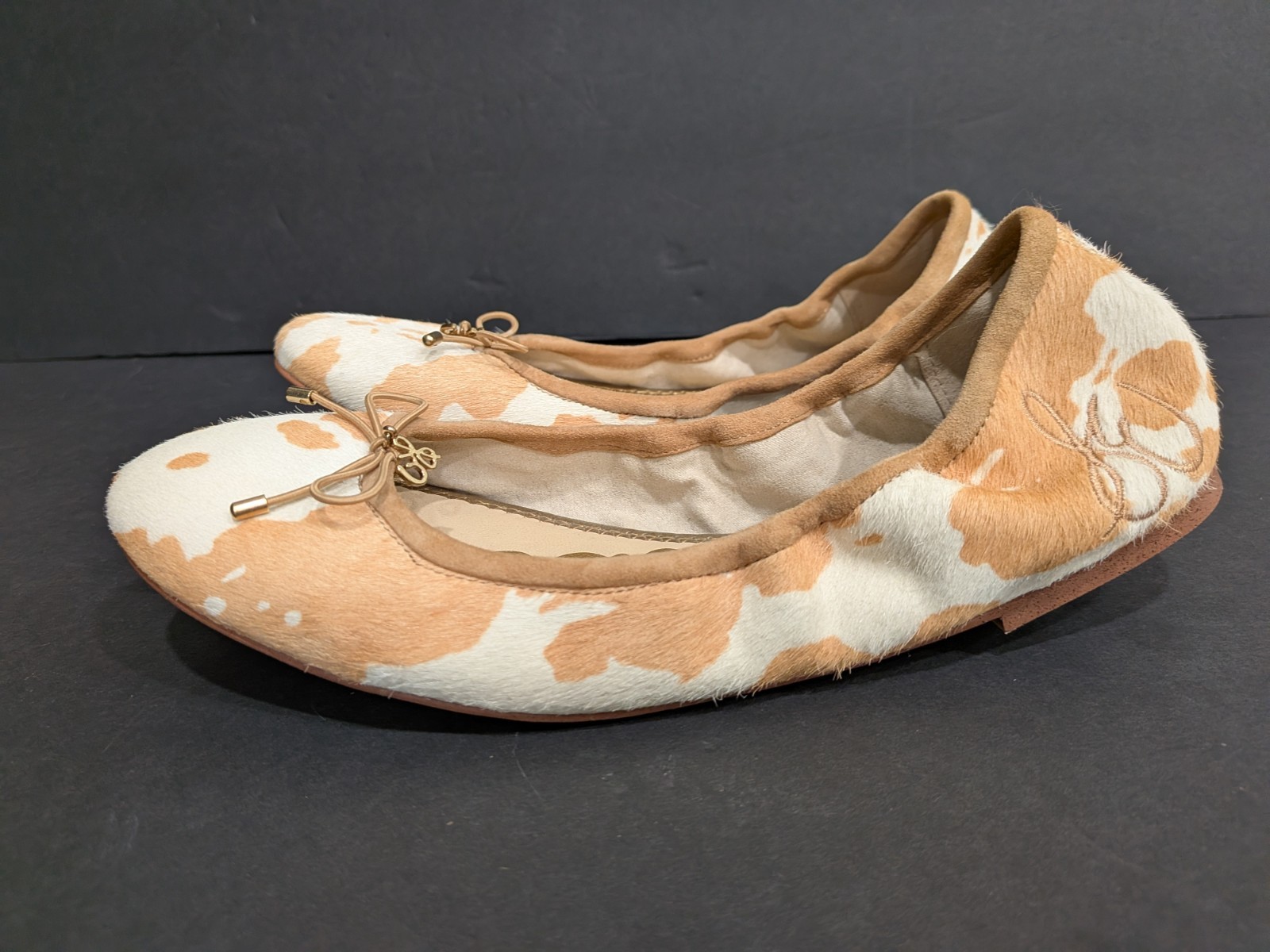 Sam Edelman NWT Felicia Cow Print Calf Hair Ballet Flats Ivory Tan Bow 8.5