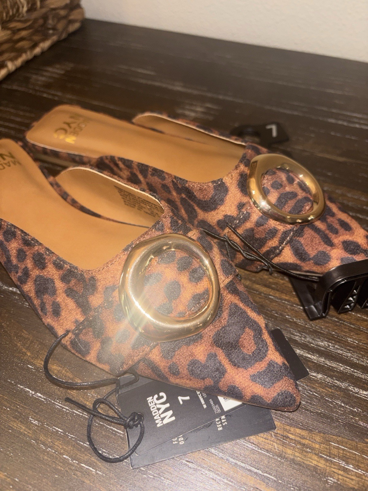 Madden NYC Mule Flats Womens 7 Leopard Print Animal Pointed Toe Gold Buckle NEW