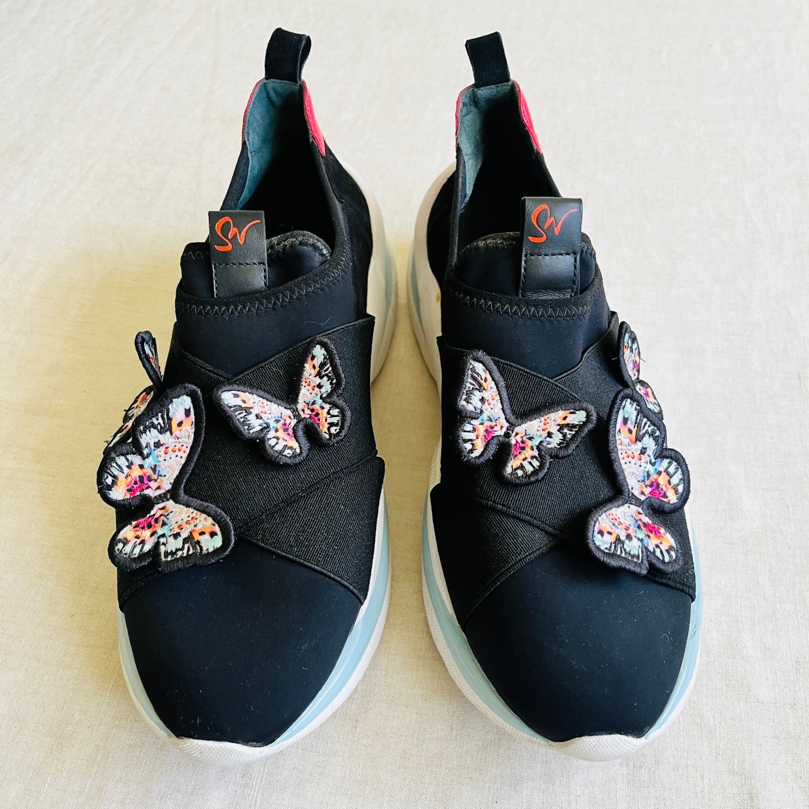 Sophia Webster Riva Embroidered Butterfly Sneakers Black Suede Neon Size 40