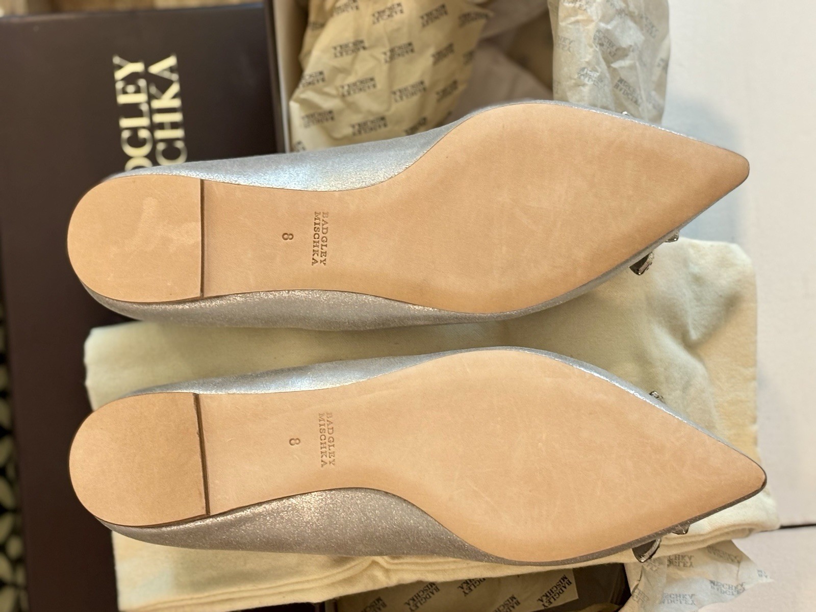 BADGLEY MISCHKA Karina Metallic Jeweled Flats Summer Wedding Perfection SZ8 New