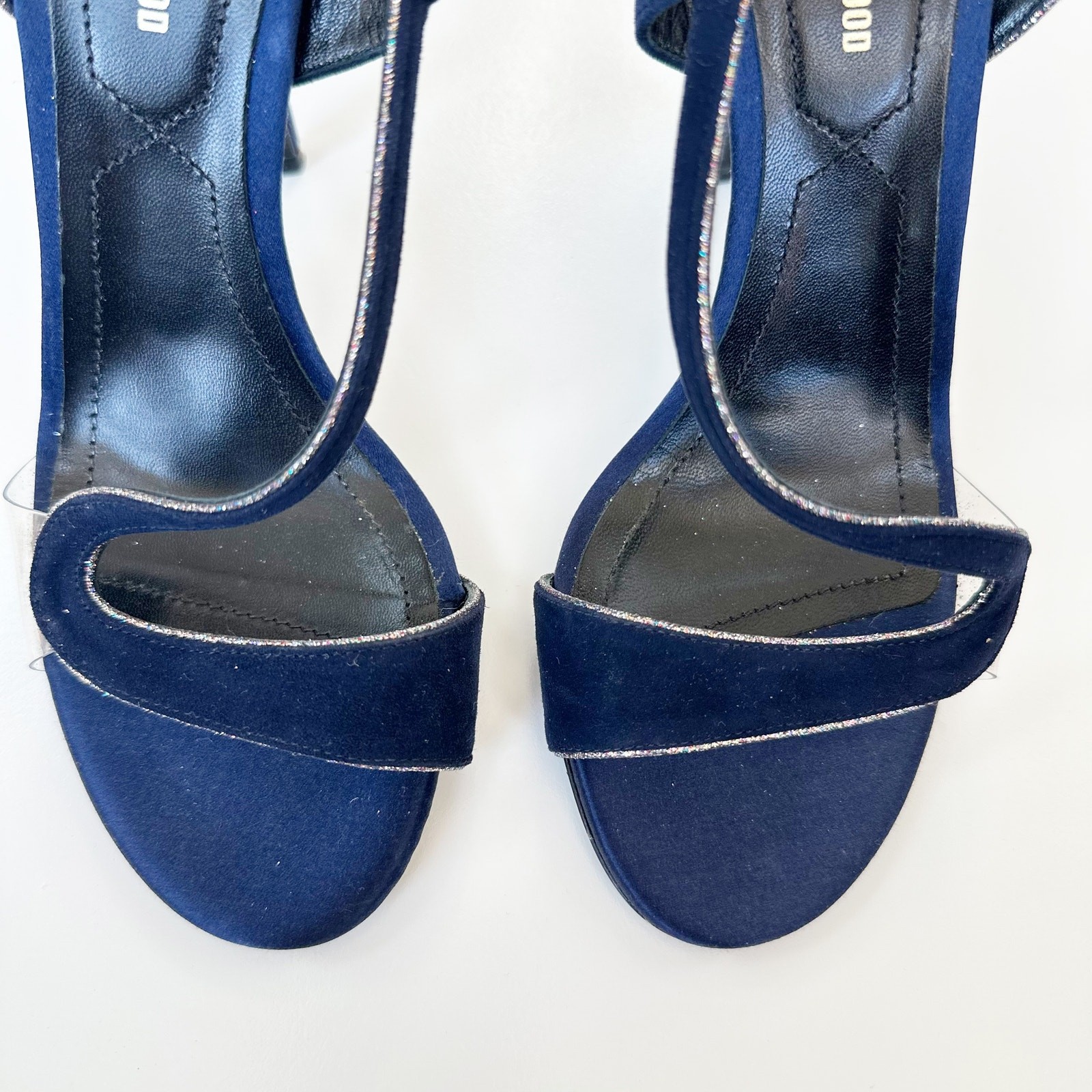 Nicholas Kirkwood Sandals Heels Navy Blue Suede Slingback Glitter Trim PVC 36