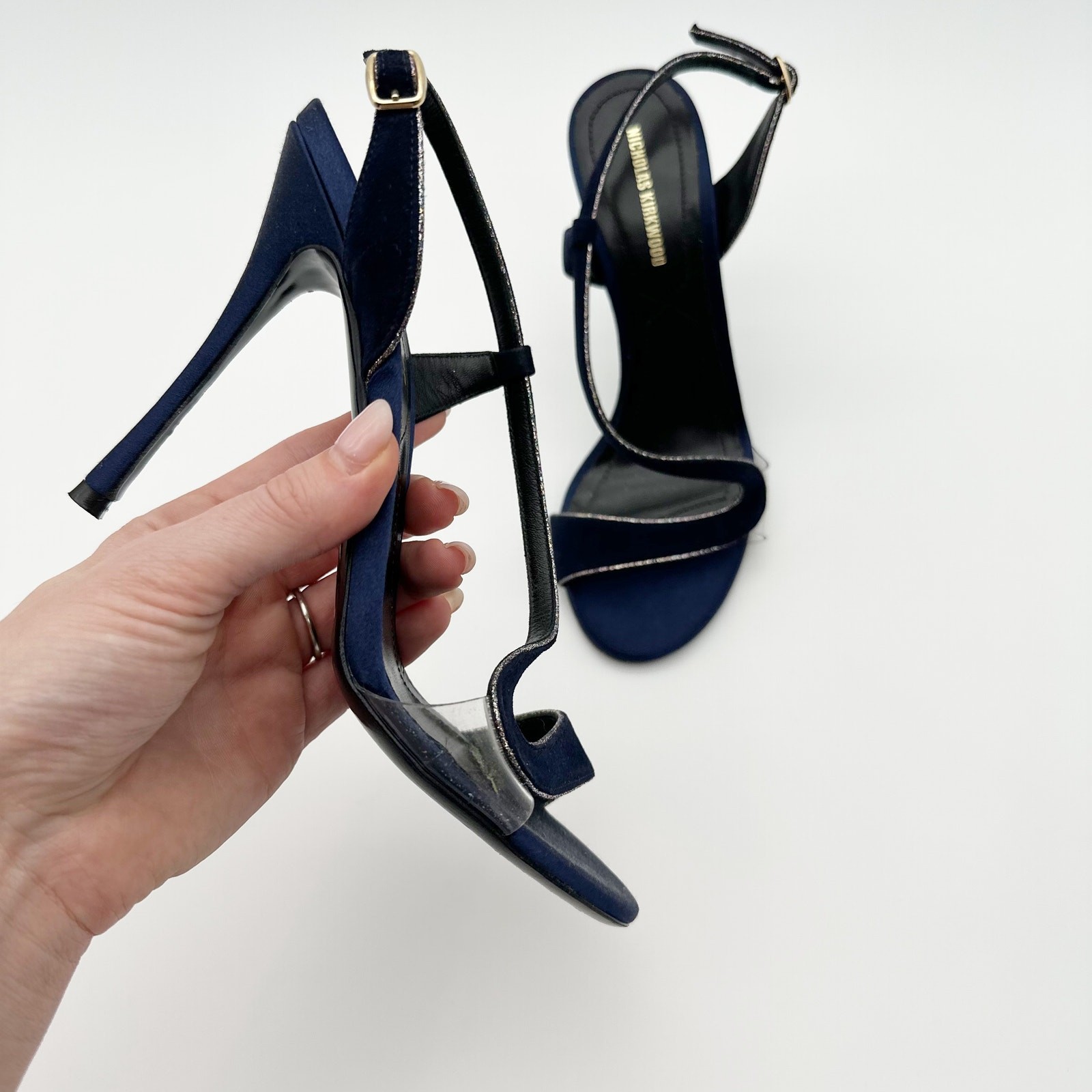 Nicholas Kirkwood Sandals Heels Navy Blue Suede Slingback Glitter Trim PVC 36