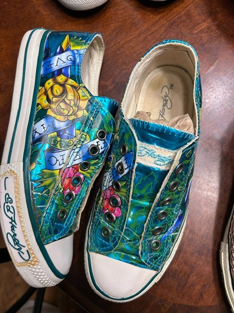 Ed Hardy Green Metallic Glitter True To My Love Tattoo Shoes Low Rise Slip On 5