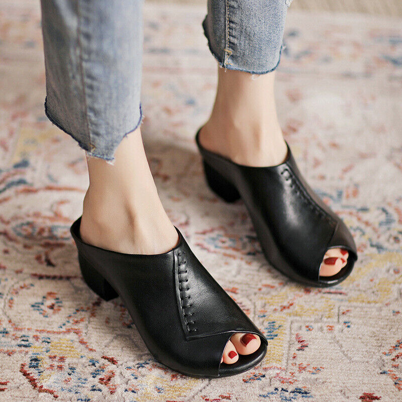 Block Heels Mom Shoes Peep Toe Summer Slippers Women Retro Casual Sandals Slider