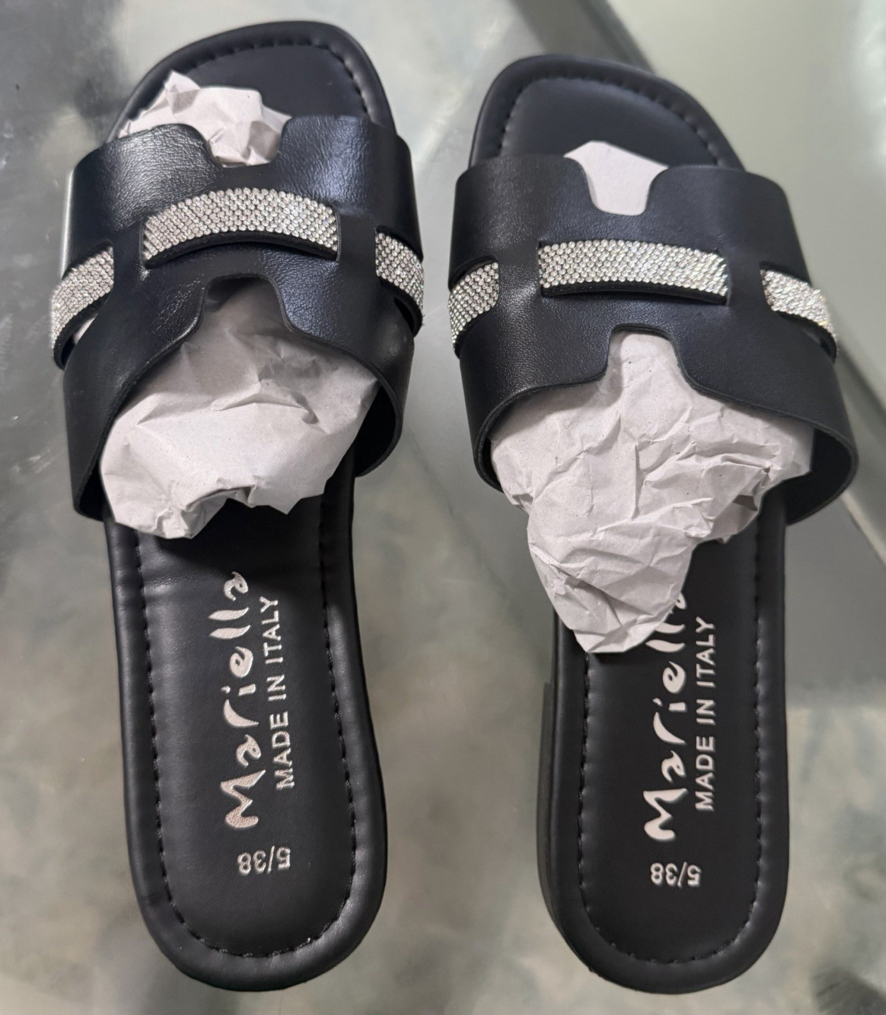 Mariella Women’s Black/Silver Slide Sandals Rhinestone Accent EU 38