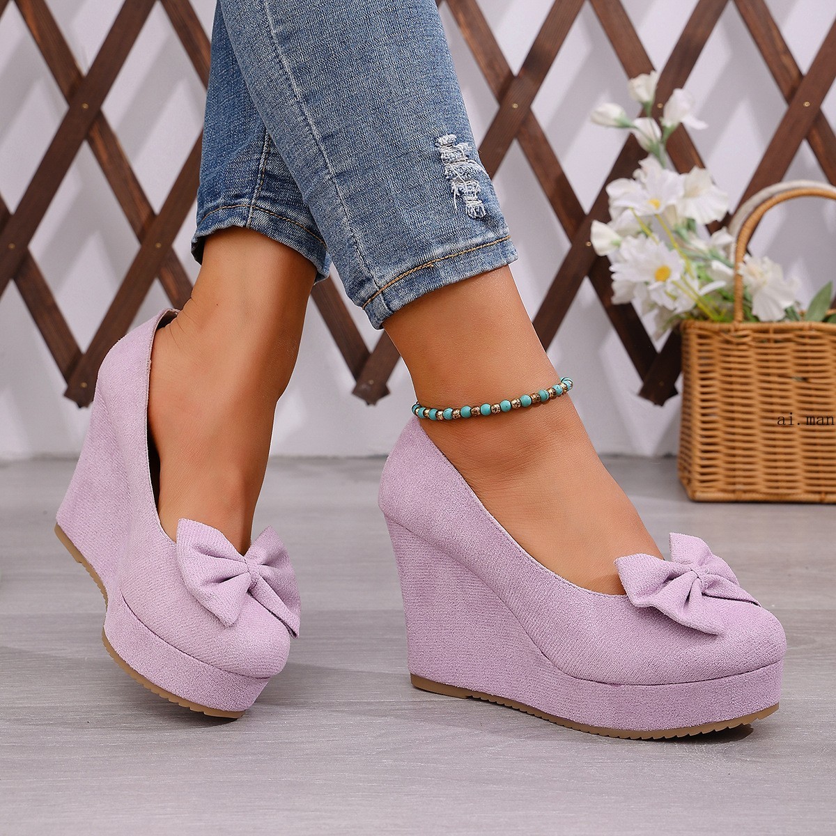 Women’s Bow-Knot Platform Wedge Pumps Slip-On Round Toe Comfort Mary Jane Shoes